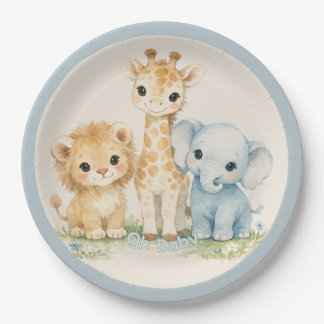 Prato De Papel Safari Cute Animal Beige Blue Baby Shower