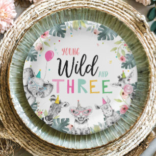 Prato De Papel Safari Garota Rosa, Terceiro Aniversário