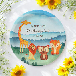 Prato De Papel Safari Zoo Animal Azul Água Verde