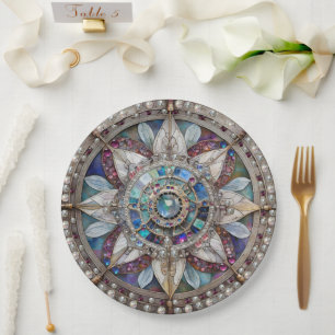 Prato De Papel Safiras Rosa e Azul Diamantes Pérolas Mandala