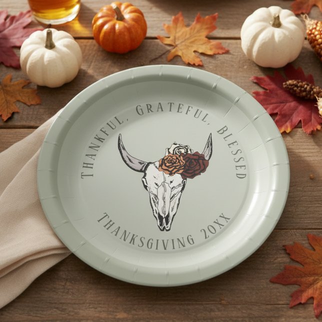 Prato De Papel Sage, graças grato, abençoado Ação de Graças (Elegant Sage Gothic Fall Floral Cow Skull Thanksgiving Paper Plates. Thankful Grateful Blessed)