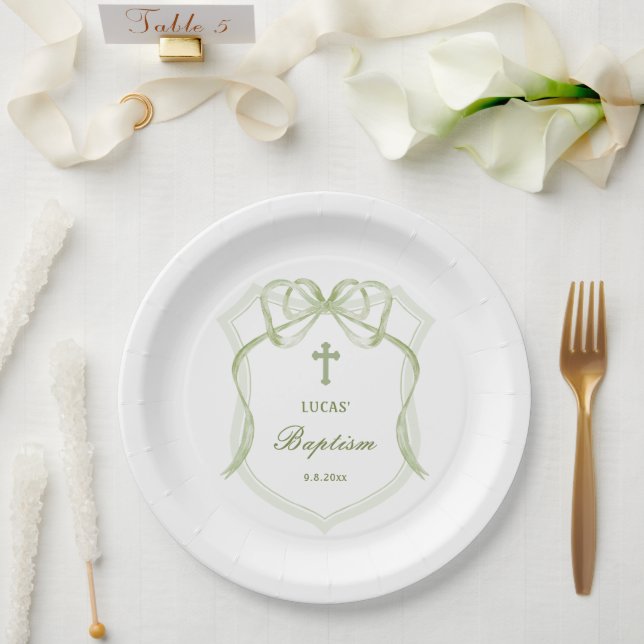 Prato De Papel Sage Green Arco Crest Baptism (Casamento)