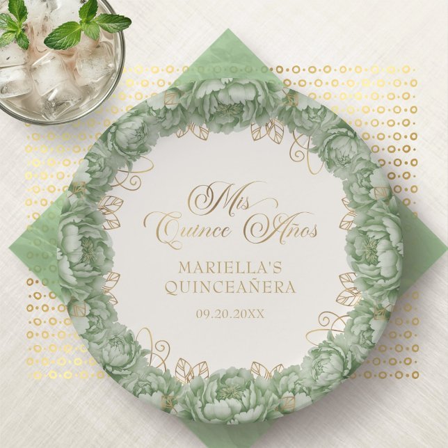 Prato De Papel Sage Green Floral Quinceanera (Criador carregado)