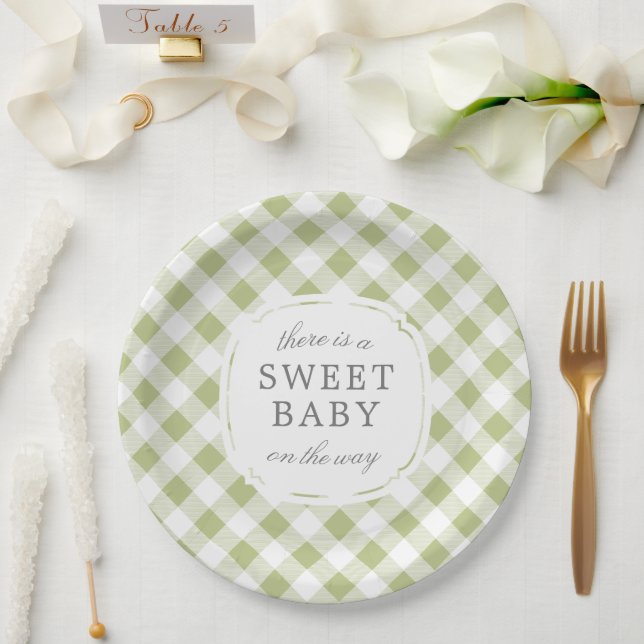 Prato De Papel Sage Green Gingham Xadrez Sweet Baby (Casamento)