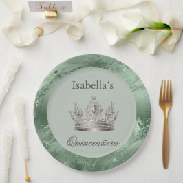 Prato De Papel Sage Green Metálico Silver Tiara Coroa Quinceañera