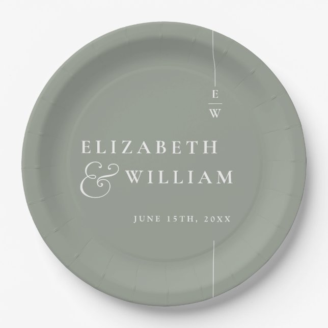 Prato De Papel Sage Green Modern Minimalist Casamento de Monogram (Frente)