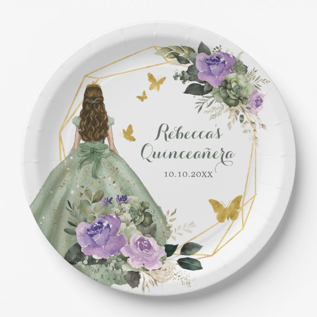 Prato De Papel Sage Green Purple Quinceañera Paper Plate (Frente)