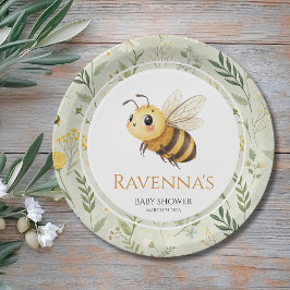 Prato De Papel Sage Green Wildflower Bee Custom Name Baby Shower