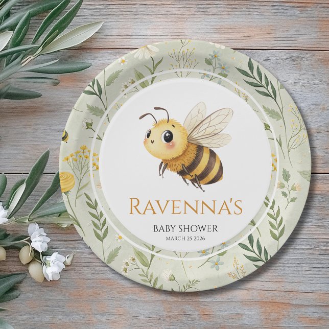 Prato De Papel Sage Green Wildflower Bee Custom Name Baby Shower (Criador carregado)