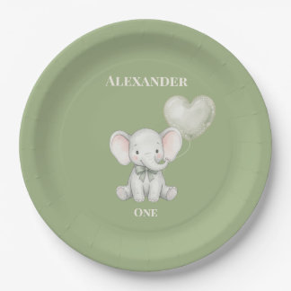 Prato De Papel Sage Verde Elefante Primeiro Aniversário Nome e Id