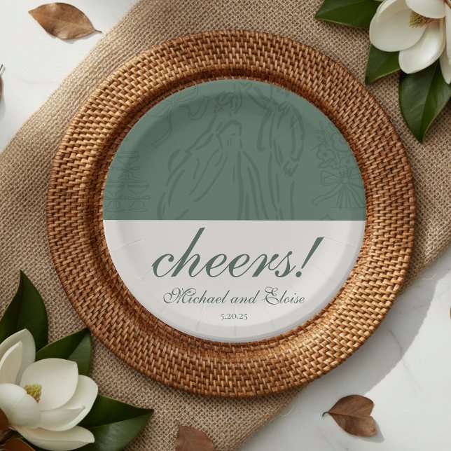 Prato De Papel Sage Verde Parabéns Casamento Personalizado Elegan (Sage Green Cheers Elegant Personalized Wedding Paper Plates)