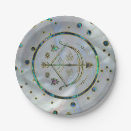 Prato De Papel Sagittarius Zodiac Dourado Abalone sobre constelaç