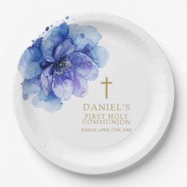 Prato De Papel Sagrada Comunhão Floral em Aquarela Azul Elegante
