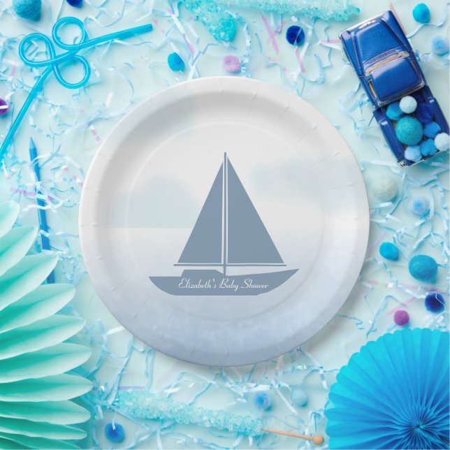 Prato De Papel Sailboat Blue Watercolor Boy Baby Shower (Festa)