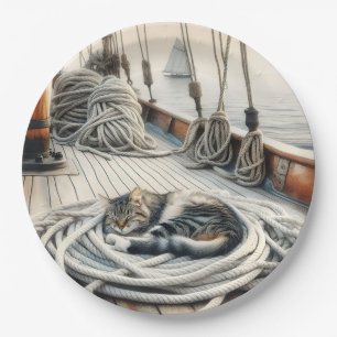 Prato De Papel Sailboat Tabby Cat Dormindo em Cabos