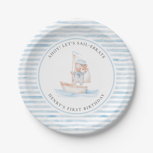 Prato De Papel Sailor Bear Blue Stripe Birthday (Frente)