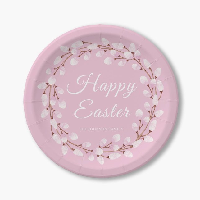 Prato De Papel Salgueiro Charming Rosa Feliz Páscoa (Elegant Pink Pussy Willow Happy Easter Paper Plates)