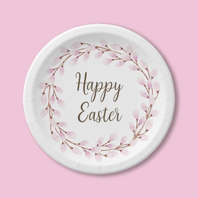 Prato De Papel Salgueiro Charming Rosa Feliz Páscoa  (Elegant Pink Pussy Willow Happy Easter Paper Plates)