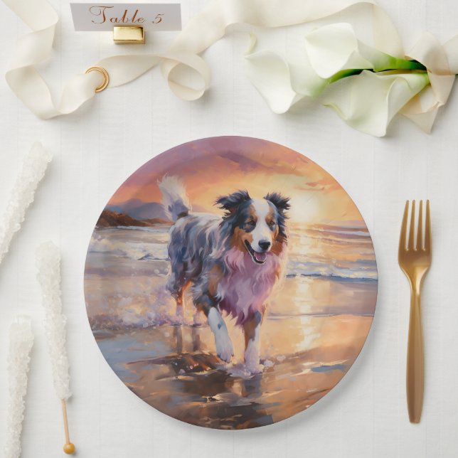 Prato De Papel Sandy Australian Shepherd Dog on Beach Sunset (Casamento)