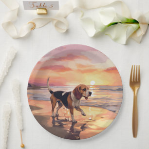 Prato De Papel Sandy Paws Beagle Dog em Beach Sunset