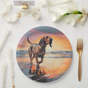 Prato De Papel Sandy Paws Bloodhound Dog em Beach Sunset