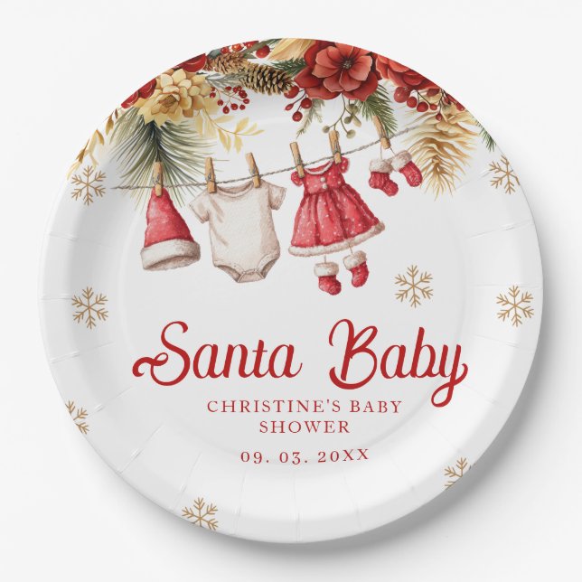 Prato De Papel Santa Baby Holiday Winter Christmas Baby Shower (Frente)