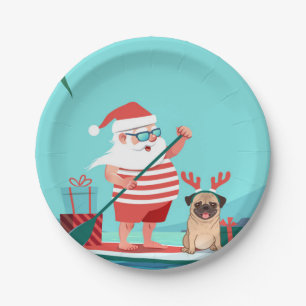 Prato De Papel Santa Claus and His Pug on a Surfboard