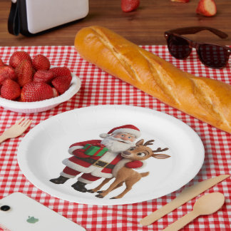 Prato De Papel Santa Claus and Rudolph Cartoon
