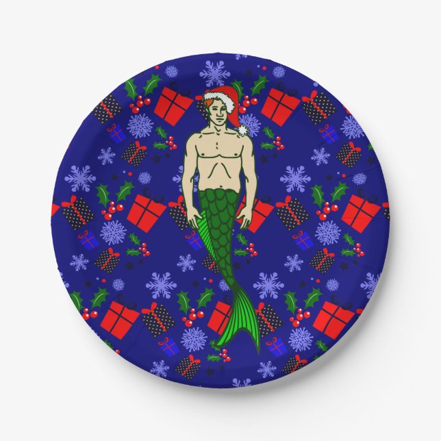 Prato De Papel santa claus redhead merman feio xmas mermaid prese (Frente)