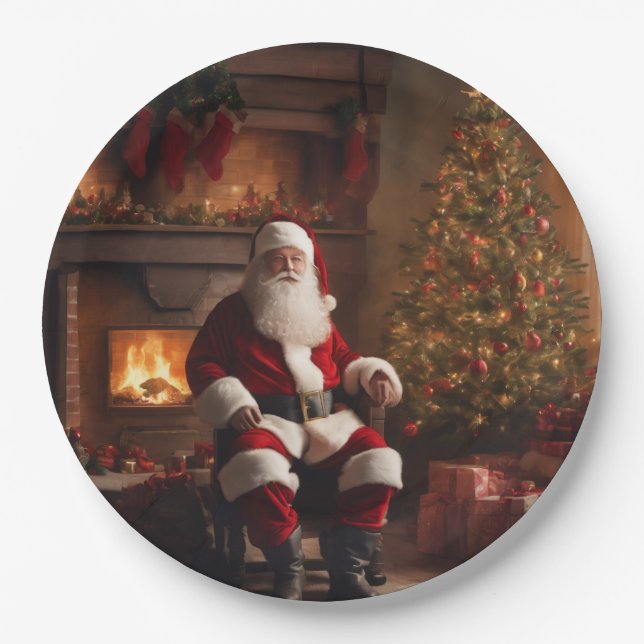 Prato De Papel Santa Clause with Christmas Tree & Fireplace (Frente)