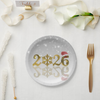Prato De Papel Santa Hat and Snowflake | Happy New Year 2026 Gold
