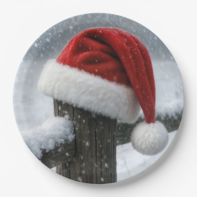 Prato De Papel Santa Hat On a Snowy Fence Post (Frente)