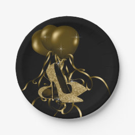 Prato De Papel Sapatos de salto alto glitter dourado preto Aniver