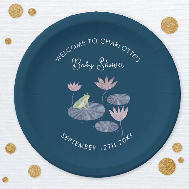 Prato De Papel Sapo em um Chá de fraldas Lily Pond Cute (Cute frog personalized baby shower party paper plate)