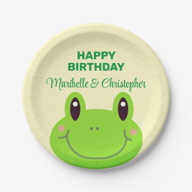 Prato De Papel Sapo Feliz Aniversário Gêmeos Cream Amarelo (Frente)