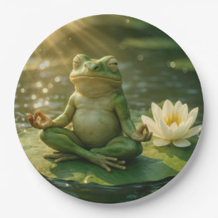 Prato De Papel Sapo Meditando Em Um Folha de Nenúfar