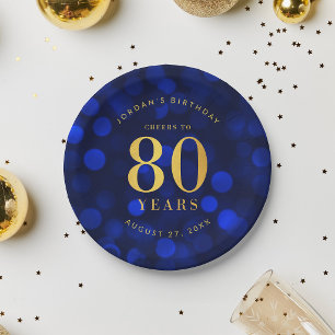 Prato De Papel Sapphire Blue Bokeh anima 80 anos de aniversário