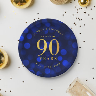 Prato De Papel Sapphire Blue Bokeh anima 90 anos de aniversário