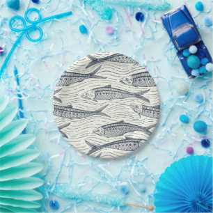Prato De Papel Sardinhas em Movimento em azul marinho e marfim