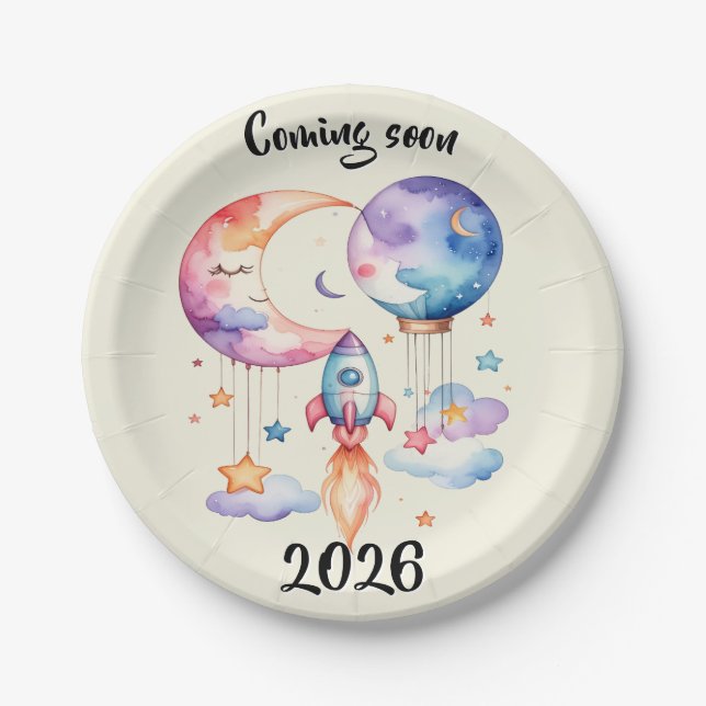 Prato De Papel Schwangerschaft verkünden Aquarell Heißluftballon  (Frente)