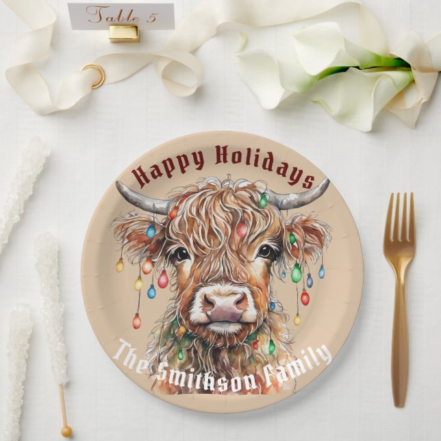 Prato De Papel Scottish Highland Cow Christmas Lights (Casamento)