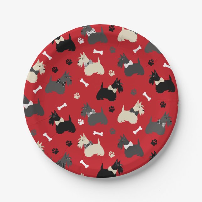Prato De Papel Scottish Terrier Paws and Bones Red (Frente)