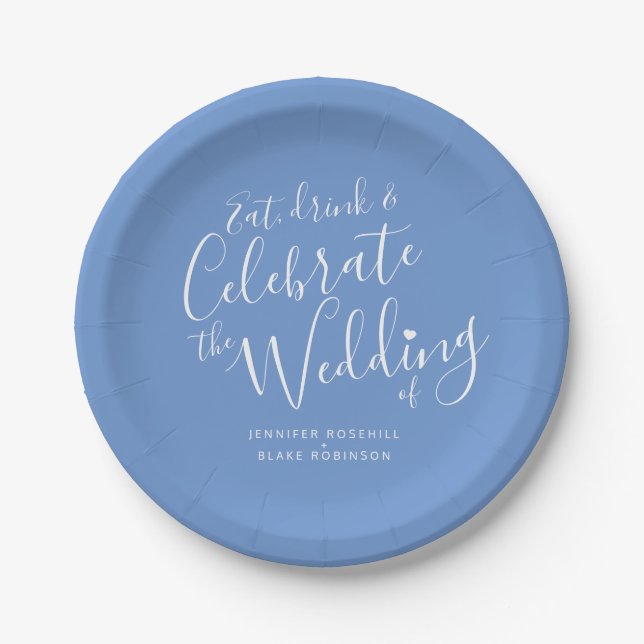 Prato De Papel Script branco azul casado personalizado (Frente)