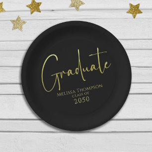 Prato De Papel Script de Caligrafia Dourada Preta de Formando Sim