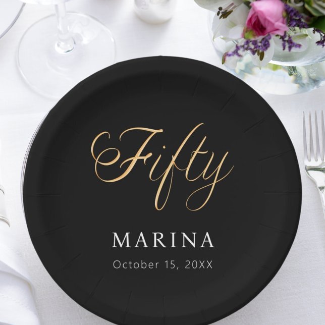 Prato De Papel Script de nome de ouro preto 50.o aniversário (Criador carregado)