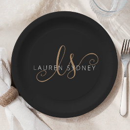 Prato De Papel Script Feminino Dourado Preto Moderno Monograma