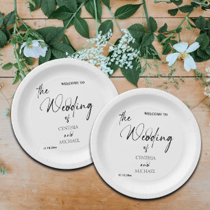 Prato De Papel Script manuscrito 'Bem-vindo ao nosso casamento'