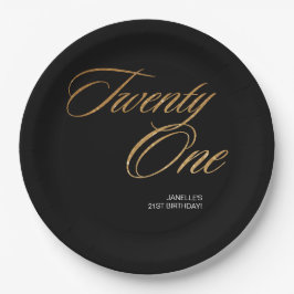 Prato De Papel Script mínimo preto e aniversário de 21 anos Doura