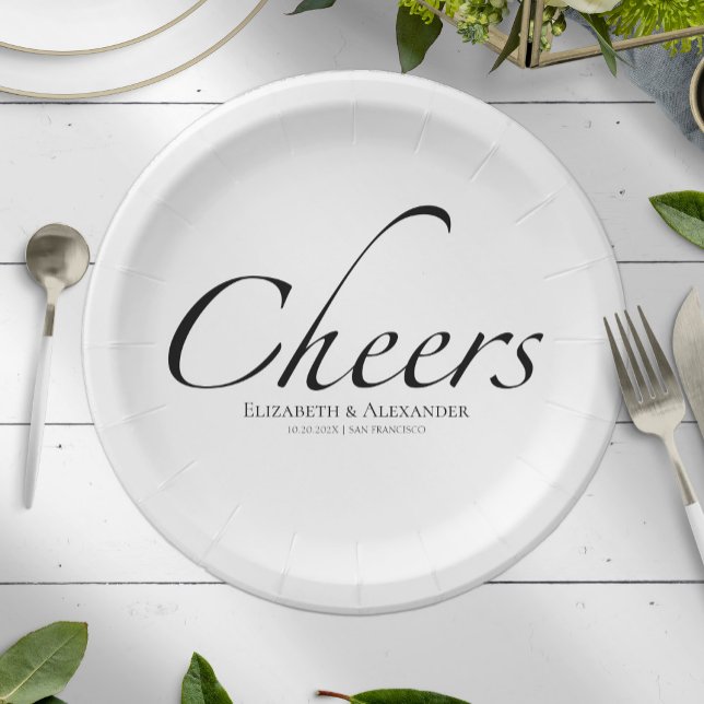 Prato De Papel Script Modern Cheers | Casamento Preto e Branco (Criador carregado)