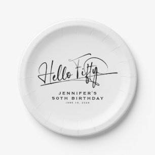 Prato De Papel Script Olá Cinquenta Minimalista Aniversário de 50